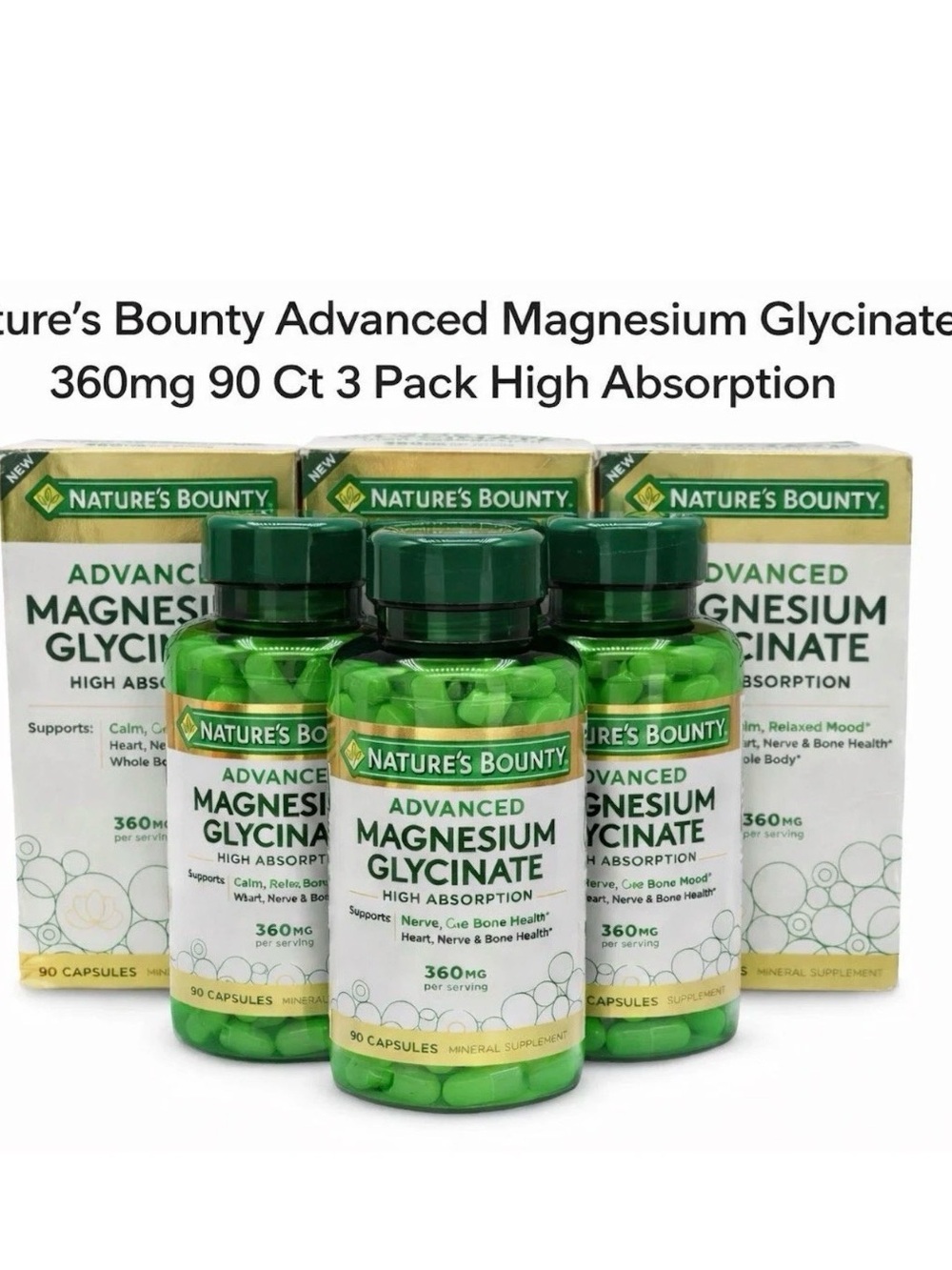 Nature’s Bounty Magnesium Glycinate 360mg 90 Cap High Absorption Exp 9/28-3 PK